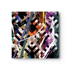 Horloge murale - Pendule murale - Composition abstraite avec des lignes colorées sur fond noir - 30x30cm - Se mettre au carré - Décoration murale moderne pour le salon et la chambre ARTTOR