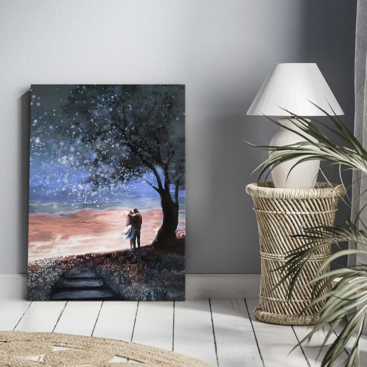Impression sur toile - Image sur toile - Scène de couple romantique sous la pleine lune - 70x100cm - Spectacle étoilé - Décoration murale moderne pour le salon et la chambre ARTTOR