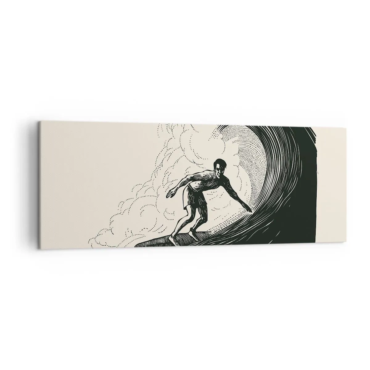 Impression sur toile - Image sur toile - Graphique en noir et blanc d'un surfeur sur une vague - 140x50cm - Le roi de la vague - Décoration murale moderne pour le salon et la chambre ARTTOR