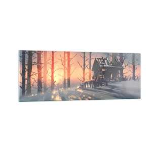 Impression sur verre - Image sur verre - Un chalet forestier dans un paysage hivernal avec les rayons du soleil couchant - 140x50cm - Seul le soleil regarde ici - Décoration murale moderne pour le salon et la chambre ARTTOR