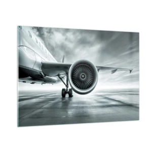 Impression sur verre - Image sur verre - La turbine d'un avion de ligne sur la piste à l'aube - 100x70cm - Sent la force! - Décoration murale moderne pour le salon et la chambre ARTTOR