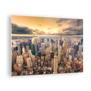 Impression sur verre - Image sur verre - Panorama de la ville avec des gratte-ciels au coucher du soleil - 70x50cm - Métropole dorée - Décoration murale moderne pour le salon et la chambre ARTTOR