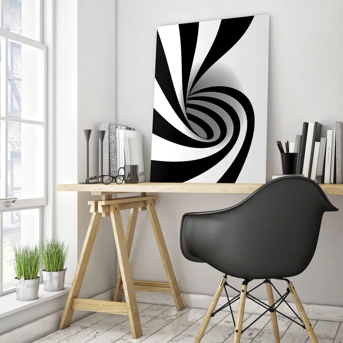 Impression sur verre - Image sur verre - Vortex optique abstrait en noir et blanc - 70x100cm - Et pourtant ça tourne - Décoration murale moderne pour le salon et la chambre ARTTOR