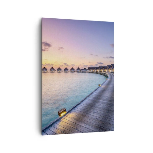 Impression sur toile - Image sur toile - La jetée menant aux chalets au bord de l'eau au coucher du soleil - 70x100cm - Vacances - retour aux sources - Décoration murale moderne pour le salon et la chambre ARTTOR