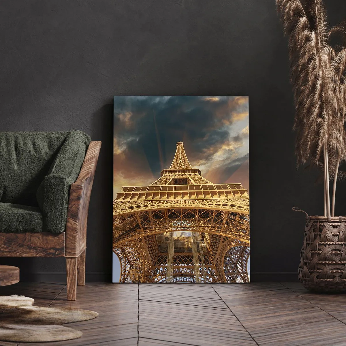Impression sur toile - Image sur toile - La Tour Eiffel vue d'en bas sur fond de soleil couchant - 80x120cm - Comment l'humanité a atteint le ciel - Décoration murale moderne pour le salon et la chambre ARTTOR