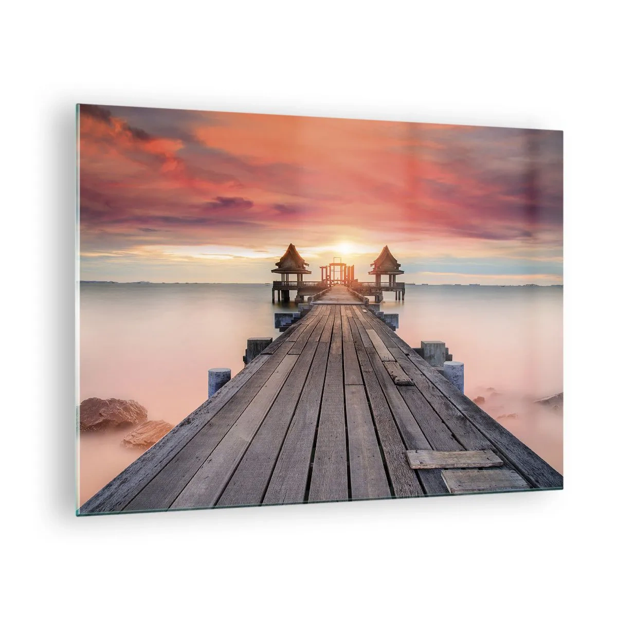 Impression sur verre - Image sur verre - Jetée en bois menant aux belvédères au bord de l'eau au coucher du soleil - 70x50cm - L'Ouest à l'Est - Décoration murale moderne pour le salon et la chambre ARTTOR
