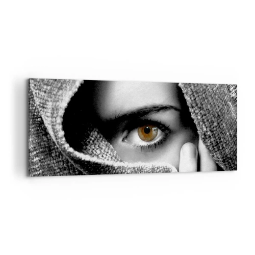 Impression sur toile - Image sur toile - Portrait d'une femme à l'oeil ambré recouvert d'un tissu aux tons gris. - 120x50cm - Apprenez le secret - Décoration murale moderne pour le salon et la chambre ARTTOR