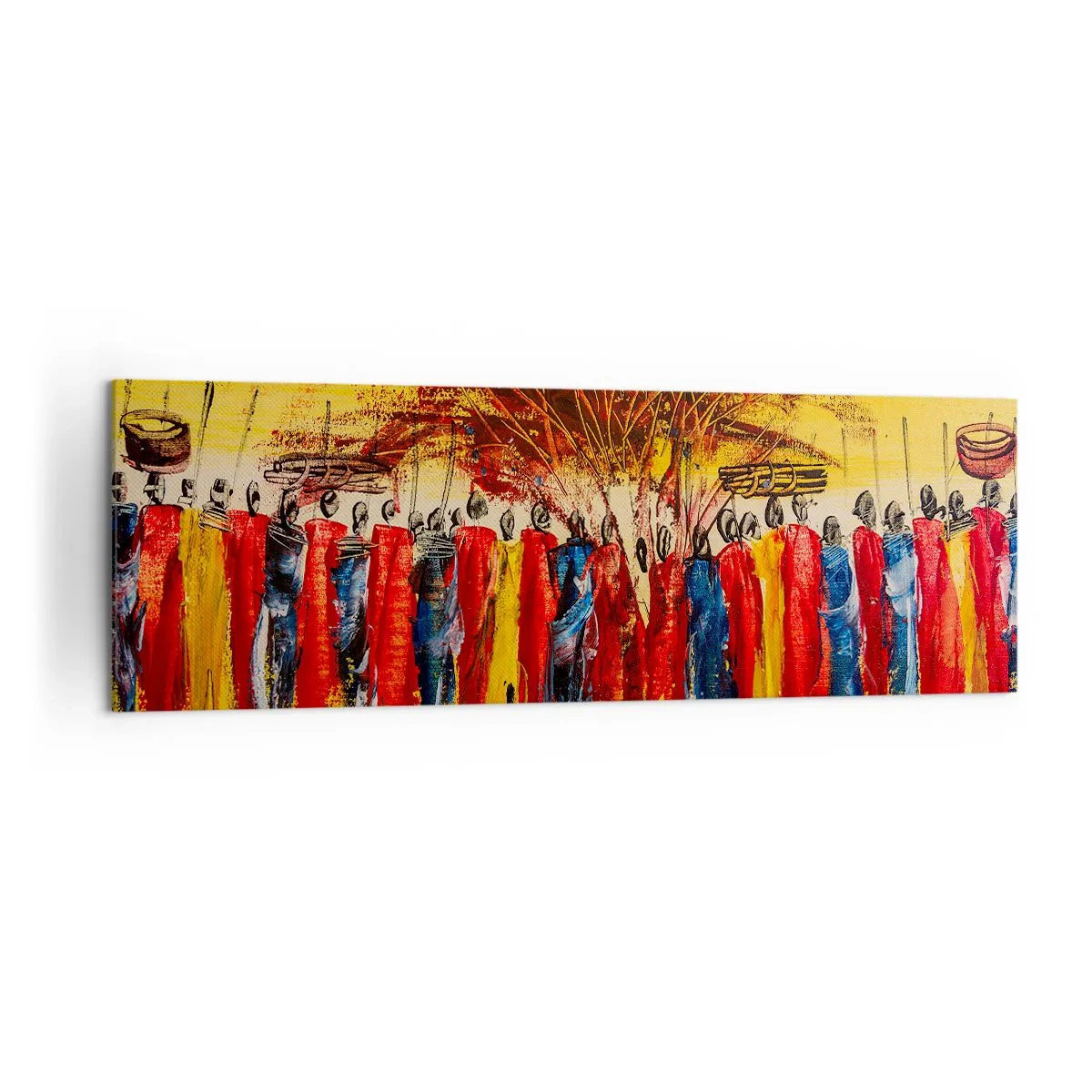 Impression sur toile - Image sur toile - Une scène colorée avec des personnages africains sur fond de soleil couchant. - 160x50cm - Là-bas, là-bas, ils vont là-bas - Décoration murale moderne pour le salon et la chambre ARTTOR