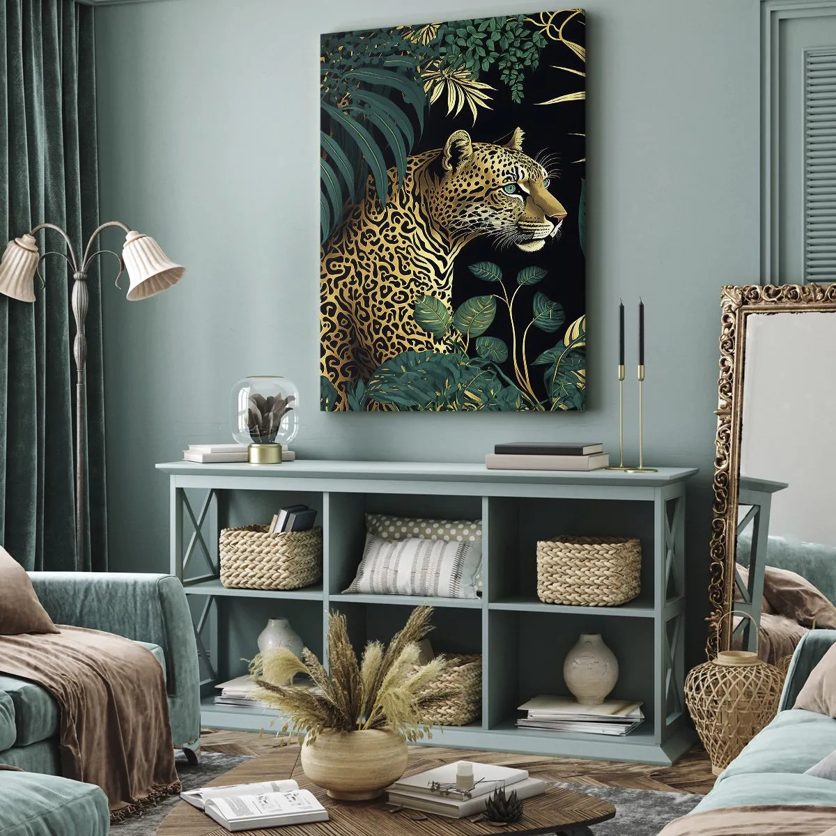 Impression sur toile - Image sur toile - Léopard dans des feuilles tropicales sur fond noir - 80x120cm - Un hôte dans la jungle - Décoration murale moderne pour le salon et la chambre ARTTOR