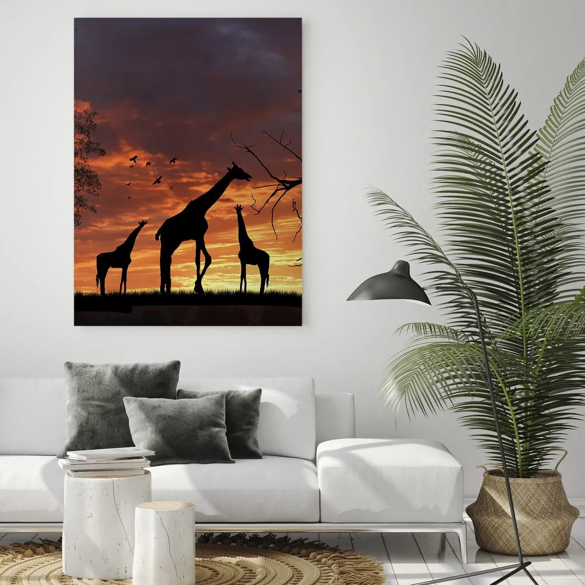 Impression sur verre - Image sur verre - Silhouettes de girafes sur fond de coucher de soleil dans un paysage africain - 50x70cm - Un petit dîner avec vos proches - Décoration murale moderne pour le salon et la chambre ARTTOR