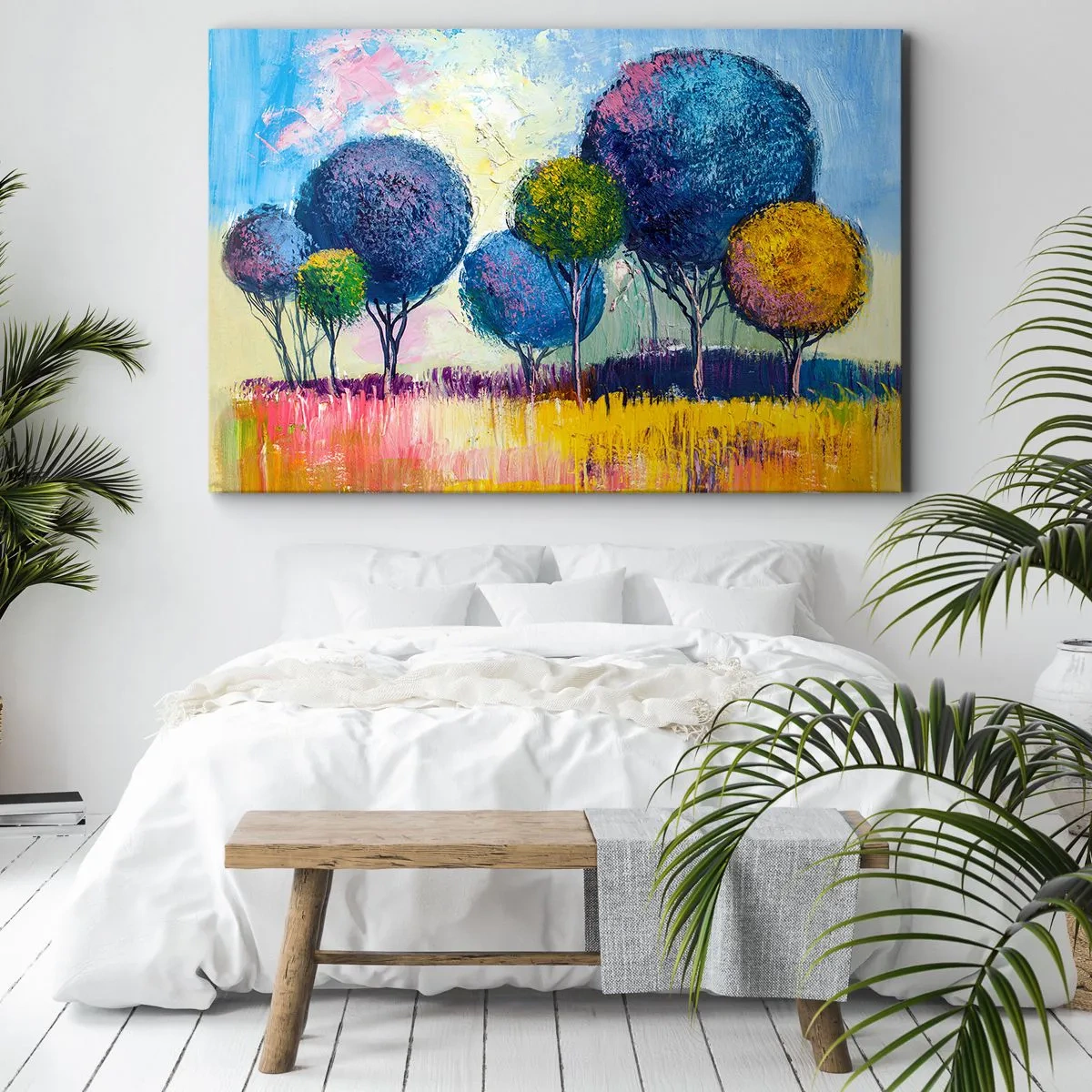 Impression sur toile - Image sur toile - Arbres colorés en forme de boule sur fond de paysage - 120x80cm - Sphère - la forme idéale - Décoration murale moderne pour le salon et la chambre ARTTOR