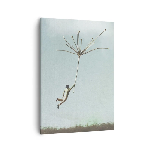 Impression sur toile - Image sur toile - Une silhouette soulevée par une grosse graine de pissenlit - 50x70cm - Cerfs-volants, pissenlits, vent - Décoration murale moderne pour le salon et la chambre ARTTOR