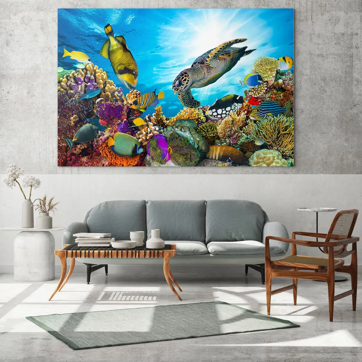 Impression sur verre - Image sur verre - Scène sous-marine avec tortue, poissons et coraux - 70x50cm - Promenade de corail - Décoration murale moderne pour le salon et la chambre ARTTOR
