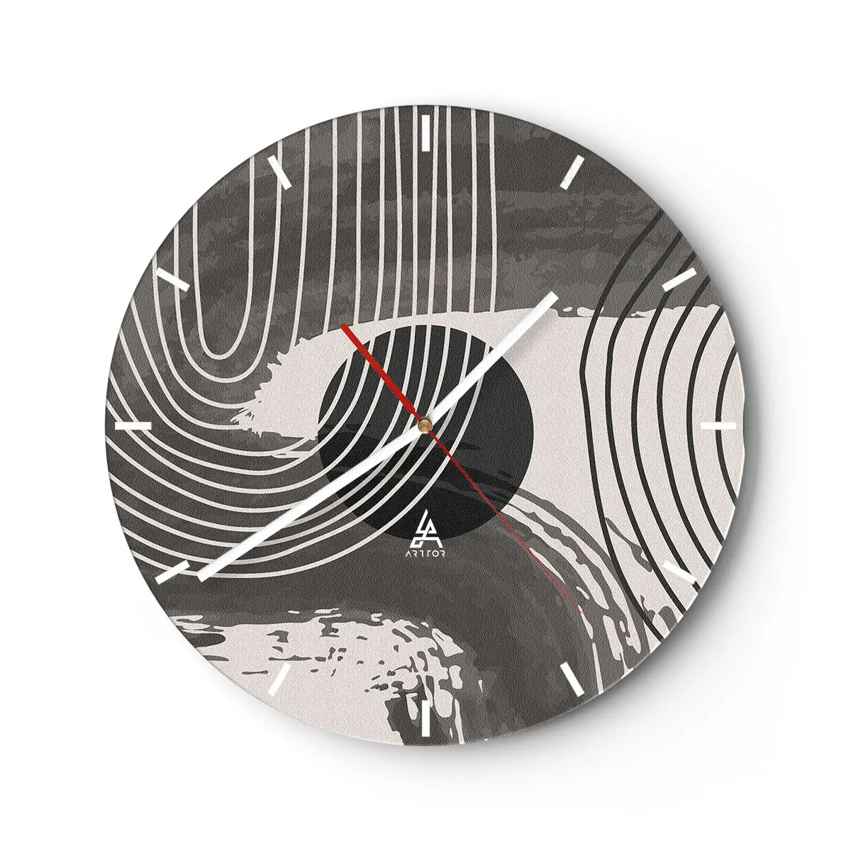 Horloge murale - Pendule murale - Lignes noires et blanches dans un rythme ondulé entourant un cercle noir - 30x30cm - L'ovale gagne - Décoration murale moderne pour le salon, la cuisine et la chambre ARTTOR
