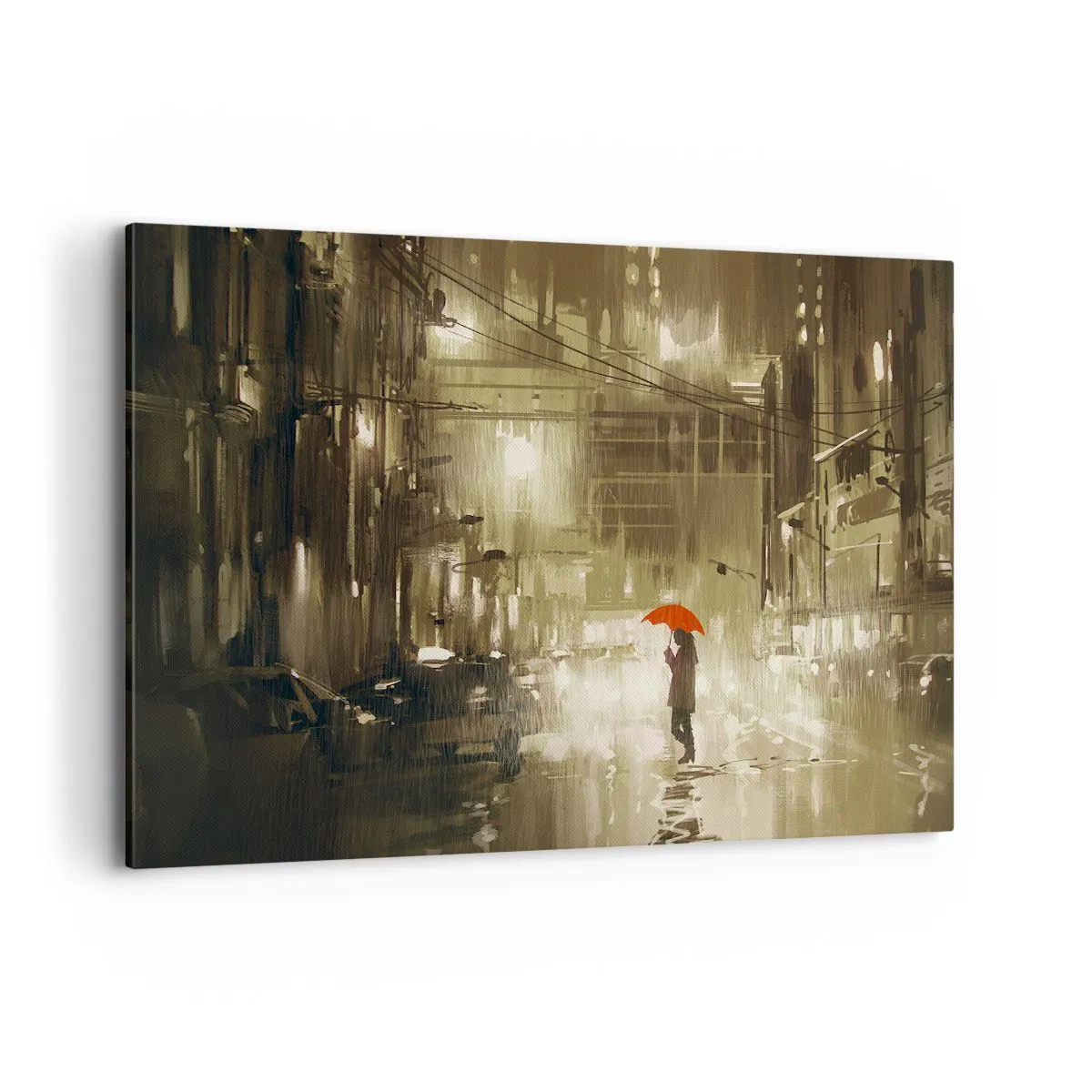 Impression sur toile - Image sur toile - Une silhouette avec un parapluie rouge dans une ville pluvieuse - 100x70cm - Seule mais pas solitaire - Décoration murale moderne pour le salon et la chambre ARTTOR