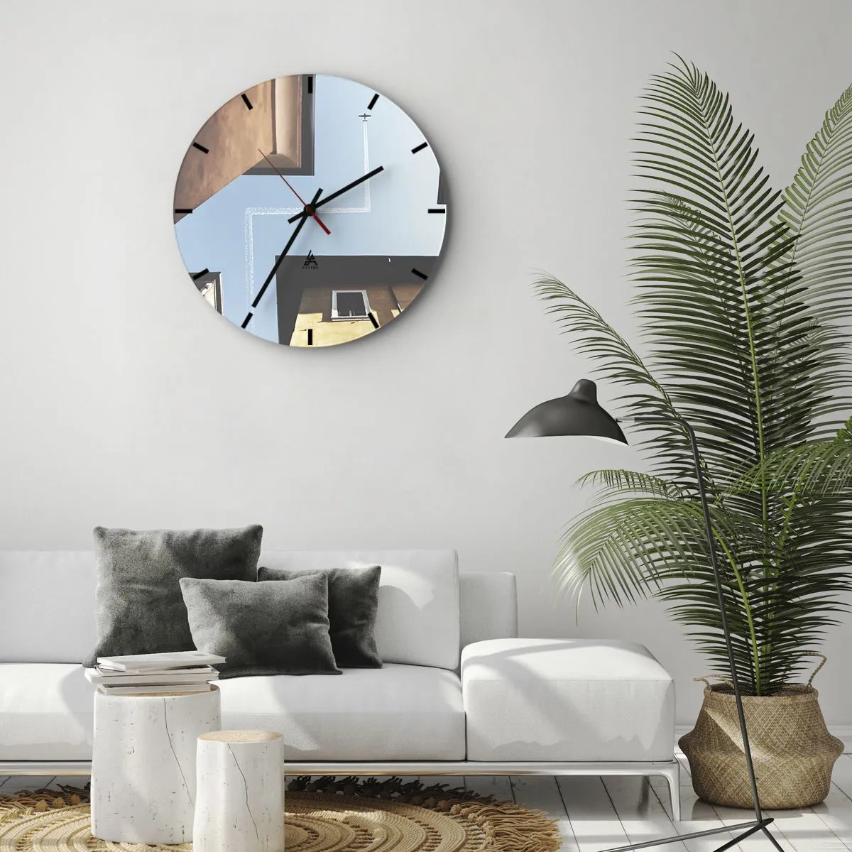 Horloge murale - Pendule murale - Vue depuis la cour d'un ciel bleu avec un avion - 30x30cm - Au-dessus du labyrinthe de la ville - Décoration murale moderne pour le salon, la cuisine et la chambre ARTTOR