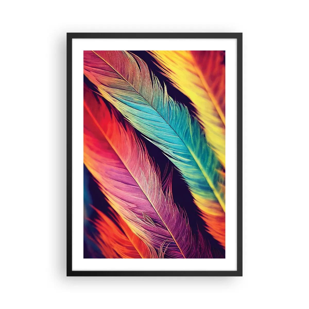 Affiche dans un cadre noir - Poster - Plumes colorées aux tons vibrants sur fond sombre - 50x70cm - Arc-en-ciel de plumes - Décoration murale moderne pour le salon et la chambre ARTTOR