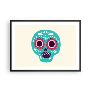Affiche dans un cadre noir - Poster - Un crâne en sucre turquoise et violet inspiré de la culture mexicaine - 70x50cm - La vie – du plaisir jusqu'à la mort - Décoration murale moderne pour le salon et la chambre ARTTOR