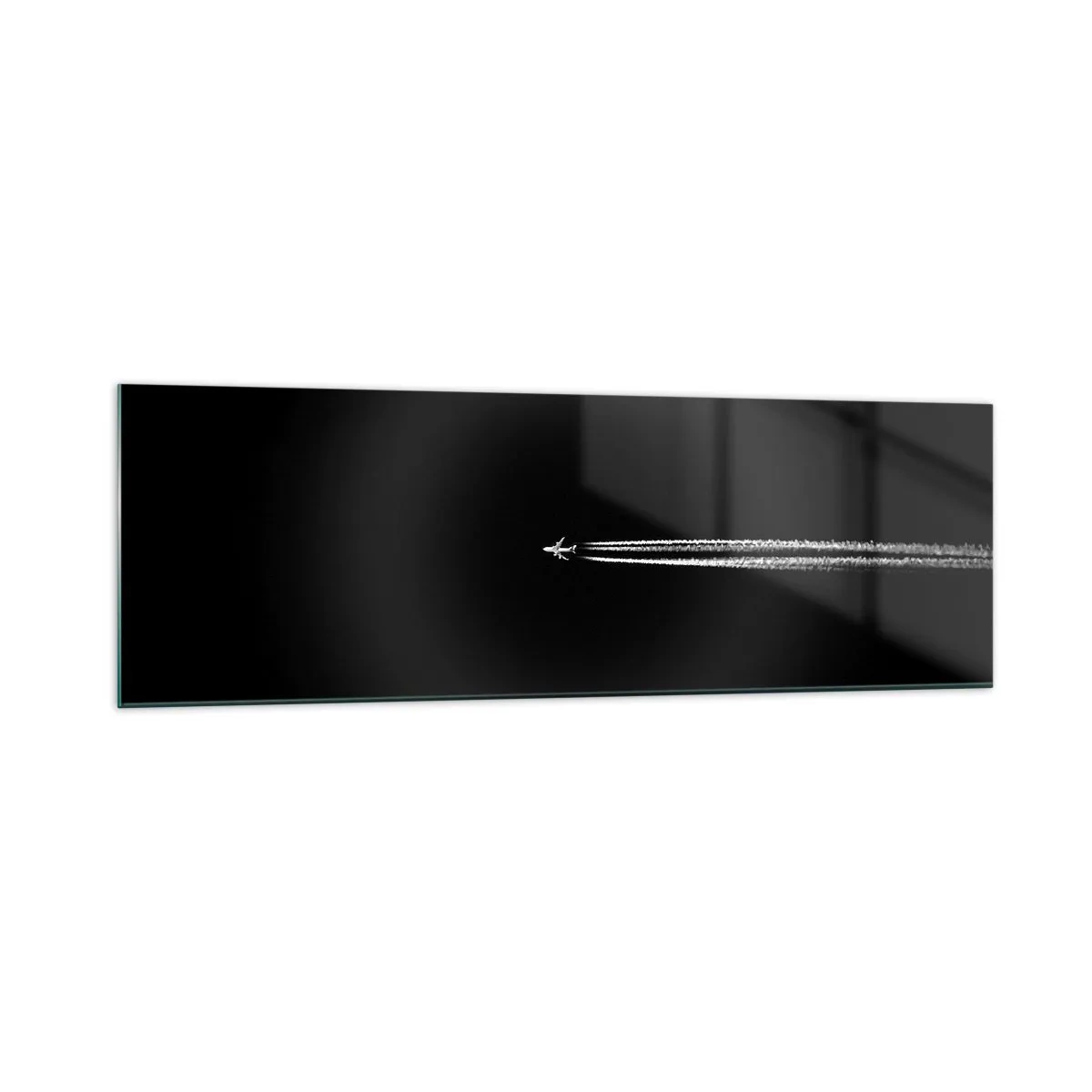 Impression sur verre - Image sur verre - Un avion à réaction avec une traînée de condensation visible sur fond noir - 160x50cm - Dans une autre dimension - Décoration murale moderne pour le salon et la chambre ARTTOR