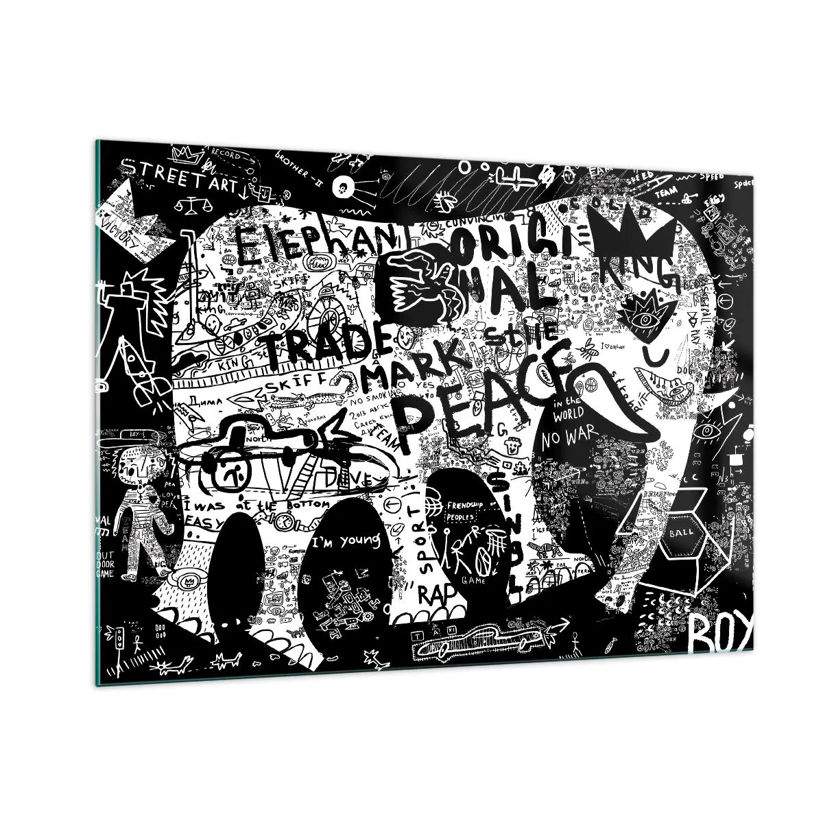 Impression sur verre - Image sur verre - Image de graffiti en noir et blanc avec des thèmes de paix et de liberté - 100x70cm - La richesse des rues - Décoration murale moderne pour le salon et la chambre ARTTOR