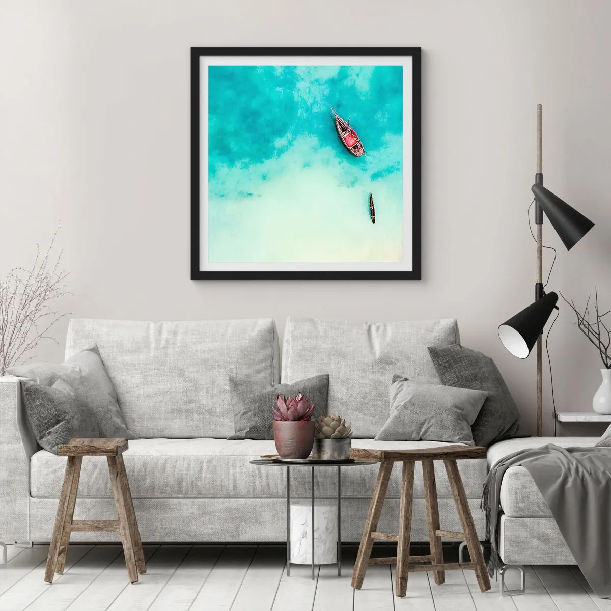 Affiche dans un cadre noir - Poster - Car sur les plages de Zanzibar, quand il y a un débordement d'eau... - 60x60 cm