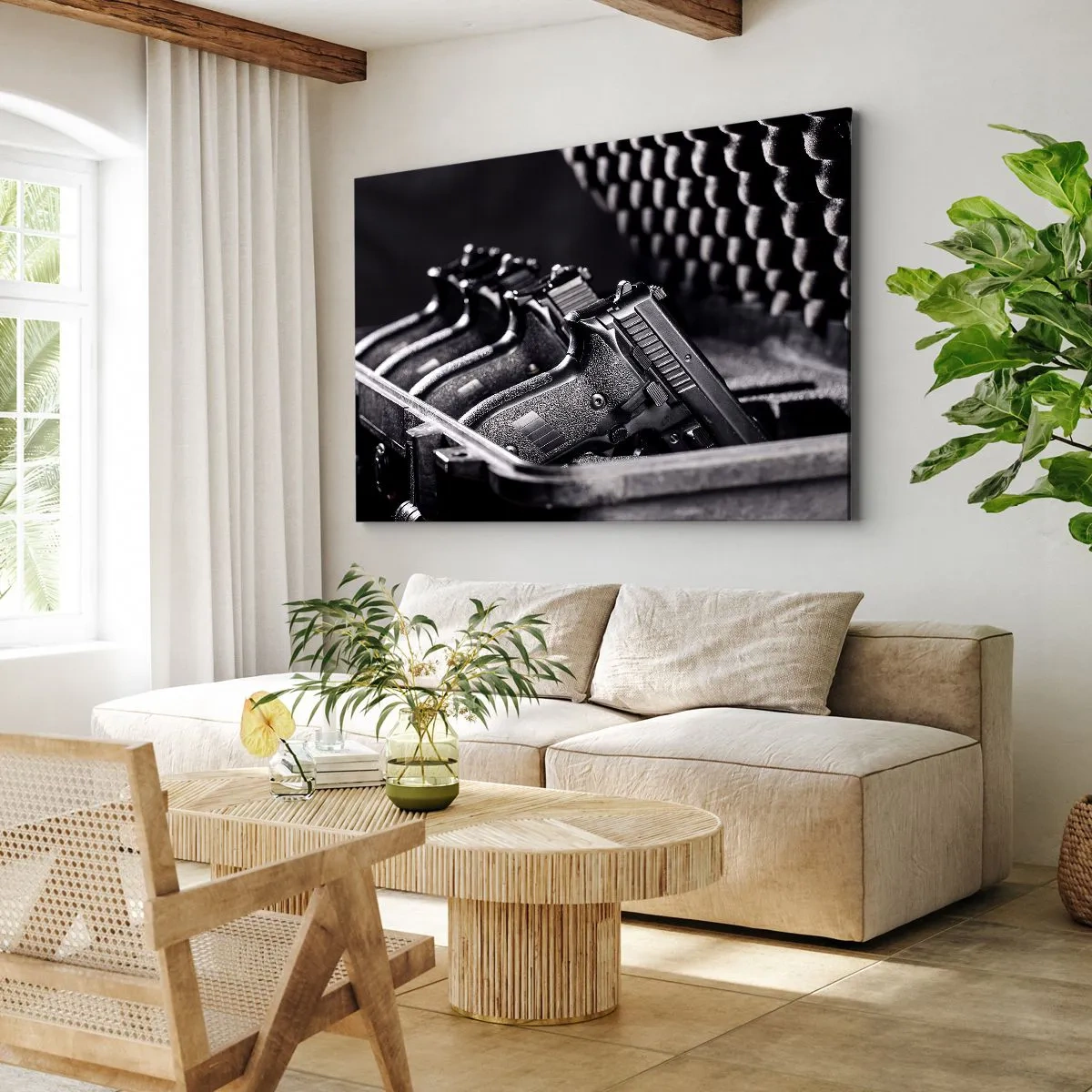 Impression sur toile - Image sur toile - Une image en noir et blanc d'une pile d'armes dans une valise. - 120x80cm - Sport masculin - Décoration murale moderne pour le salon et la chambre ARTTOR