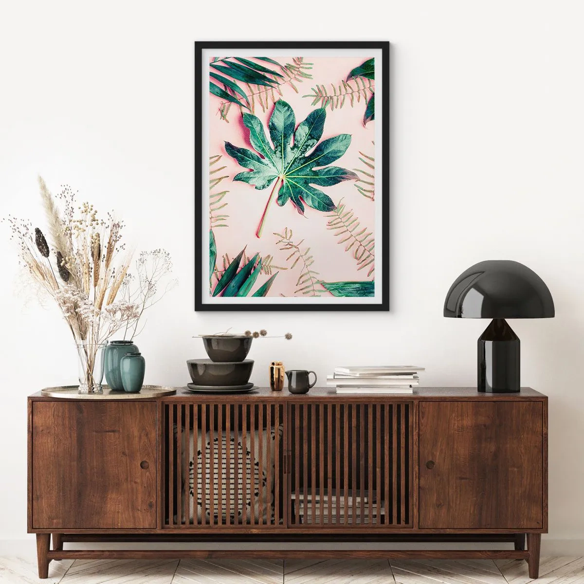 Affiche dans un cadre noir - Poster - Feuilles de différentes nuances de vert sur fond rose - 50x70cm - Étude de verdure sur fond rose - Décoration murale moderne pour le salon et la chambre ARTTOR