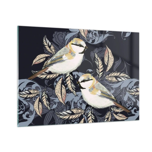 Impression sur verre - Image sur verre - Illustration de deux oiseaux sur un fond sombre avec des ornements - 100x70cm - Babillement jaune et bleu - Décoration murale moderne pour le salon et la chambre ARTTOR