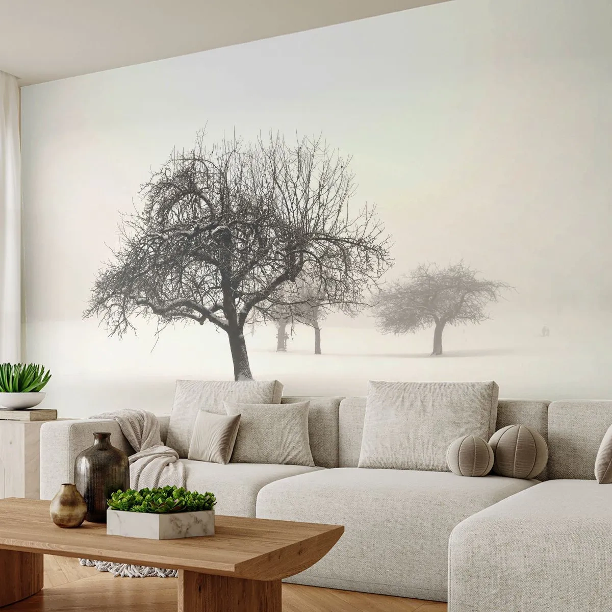 Papier Peint Photo Premium Sand - Paysage d'hiver avec des arbres givrés dans un champ enneigé - 100x70cm - Un rêve hivernal - Décoration murale moderne pour le salon et la chambre ARTTOR