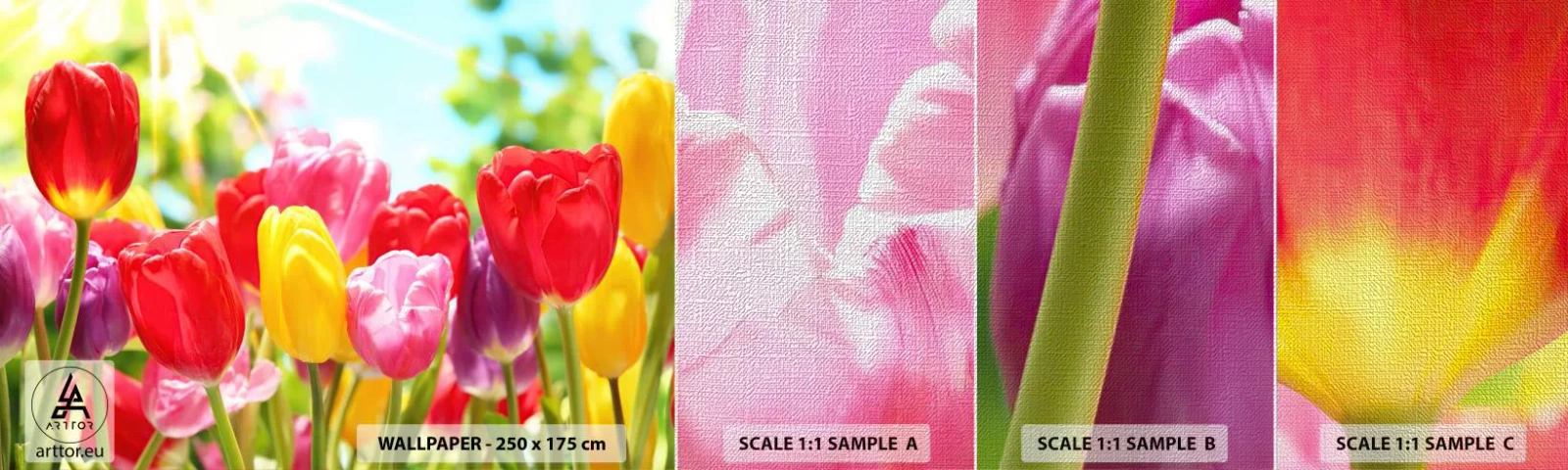 Échantillon de Papier Peint Premium Canvas - C'est nous, les couleurs de Mai! - Fleurs, Tulipes, Jardin - 100x30 cm