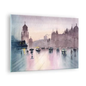 Impression sur verre - Image sur verre - Paysage urbain pluvieux - 70x50cm - Dans une brume pluvieuse - Décoration murale moderne pour le salon et la chambre ARTTOR