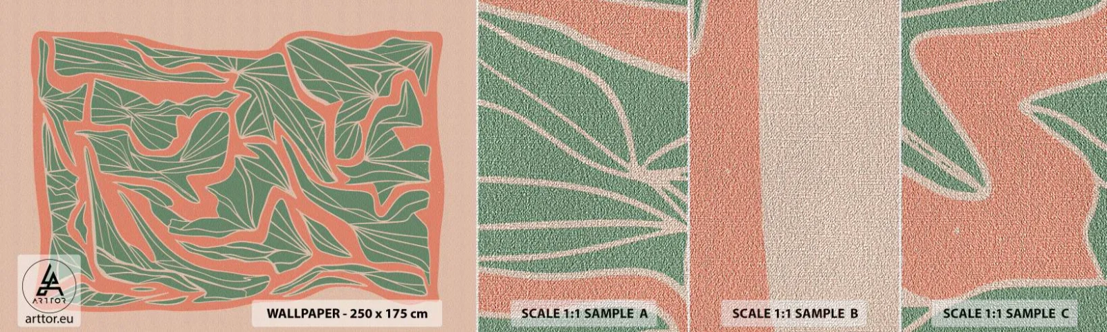 Échantillon de Papier Peint Premium Canvas - La lutte entre le corail et la verdure - Bohème, Pastel, Morceau - 100x30 cm