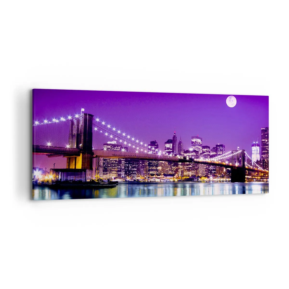 Impression sur toile - Image sur toile - Pont de Brooklyn la nuit avec la ville illuminée et la pleine lune - 120x50cm - Lumières de grande ville en violet - Décoration murale moderne pour le salon et la chambre ARTTOR