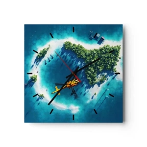 Horloge murale - Pendule murale - Une île tropicale entourée d'eau turquoise avec un hélicoptère en vue - 30x30cm - Achetez-vous une île - Décoration murale moderne pour le salon et la chambre ARTTOR