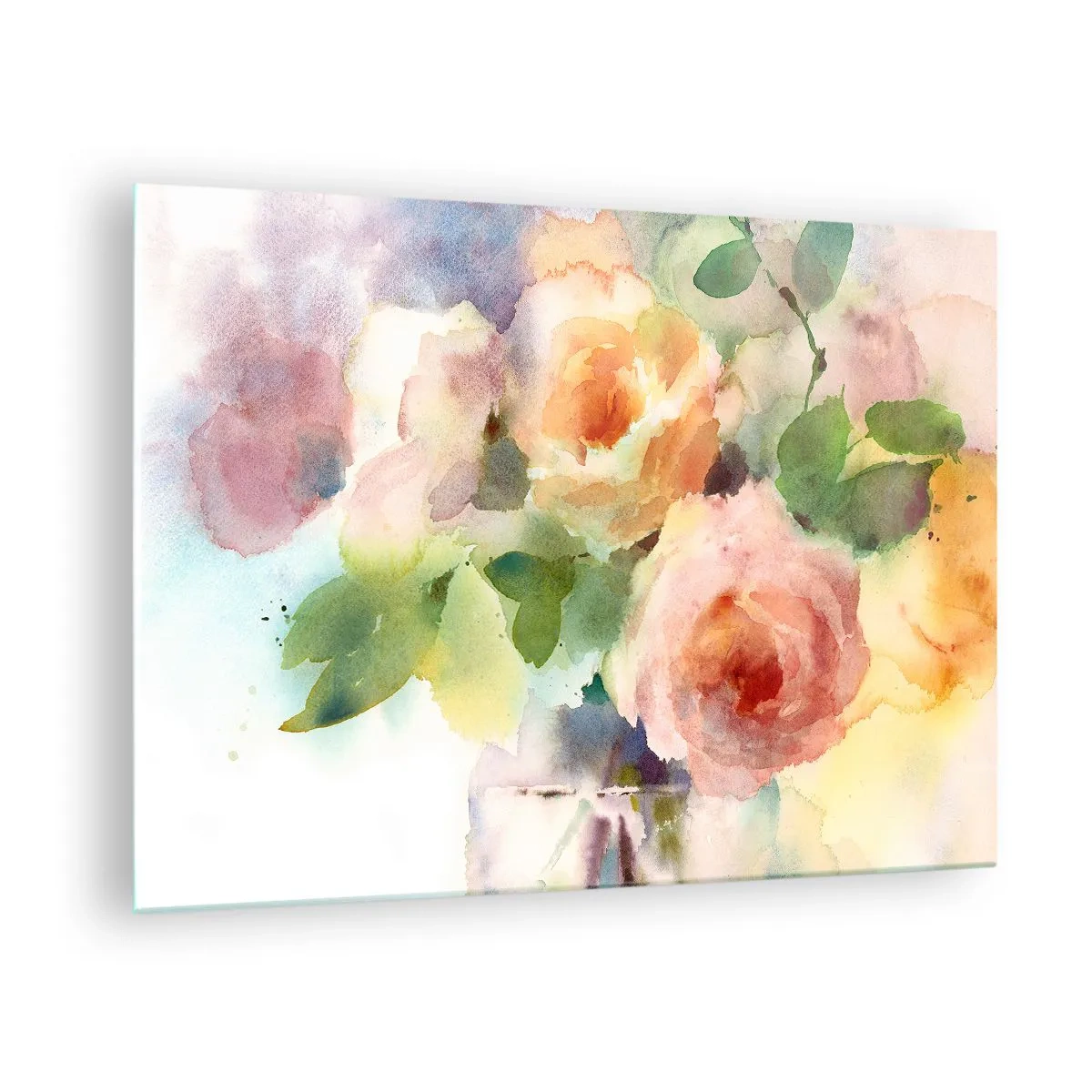 Impression sur verre - Image sur verre - Une aquarelle de roses aux couleurs pastel délicates. - 70x50cm - Délicat comme l'aquarelle - Décoration murale moderne pour le salon et la chambre ARTTOR