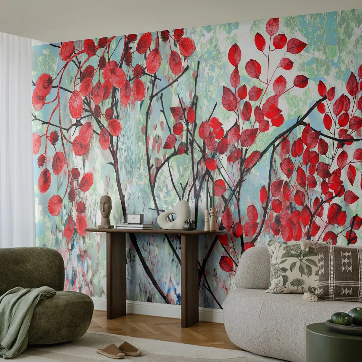 Papier Peint Photo Premium Sand - Arbre en écarlate - Abstraction, Feuilles rouges, Bifurquer - 400x280 cm