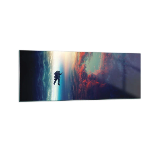 Impression sur verre - Image sur verre - Un astronaute flottant dans l'espace au-dessus d'une Terre colorée - 140x50cm - Affronter l'univers - Décoration murale moderne pour le salon et la chambre ARTTOR