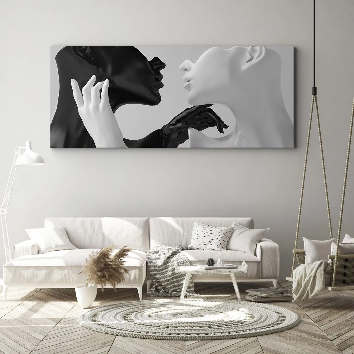 Impression sur toile - Image sur toile - Silhouettes noires et blanches en gros plan dynamique - 160x50cm - Attraction - désir - Décoration murale moderne pour le salon et la chambre ARTTOR