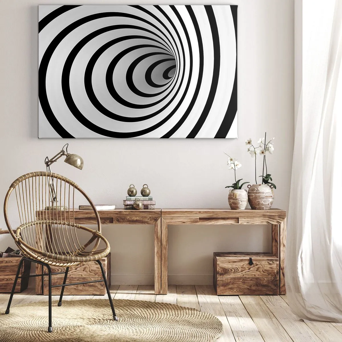 Impression sur toile - Image sur toile - Une spirale noire et blanche créant un effet hypnotique - 120x80cm - Tu ne peux pas y résister aussi ? - Décoration murale moderne pour le salon et la chambre ARTTOR