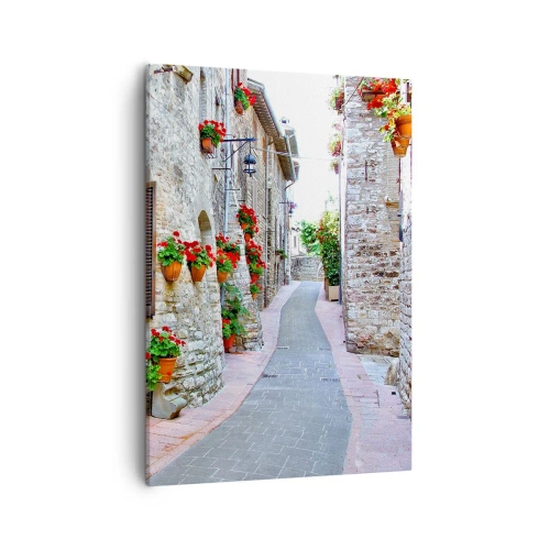 Impression sur toile - Image sur toile - Une rue étroite avec des bâtiments en pierre décorés de pots de fleurs - 50x70cm - Ambiance italienne - Décoration murale moderne pour le salon et la chambre ARTTOR
