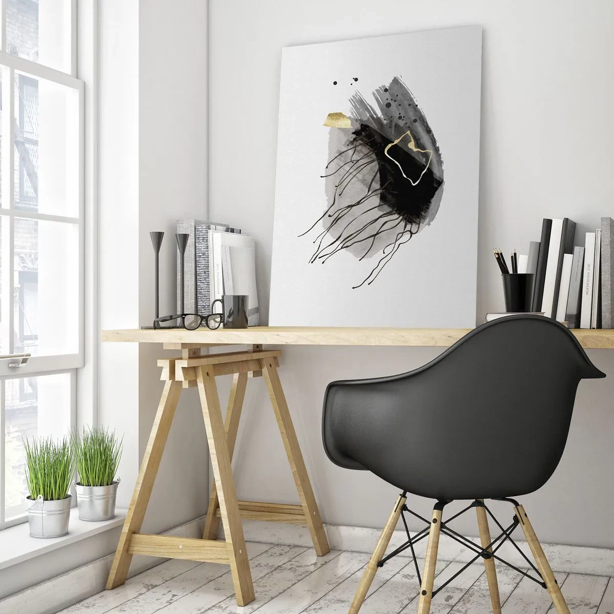 Impression sur verre - Image sur verre - Composition abstraite de noir et d'or sur fond blanc - 50x70cm - En noir et en or - Décoration murale moderne pour le salon et la chambre ARTTOR