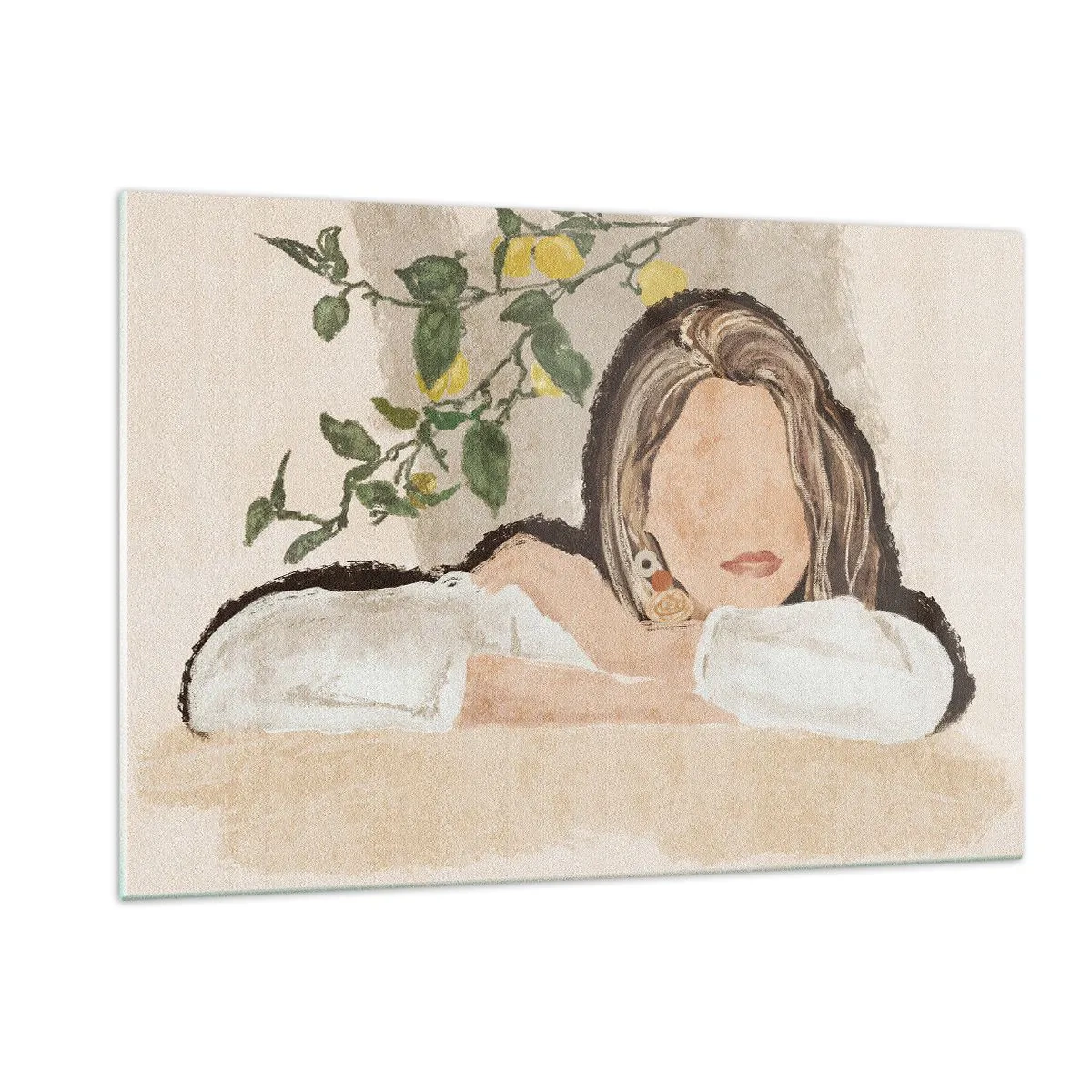 Impression sur verre - Image sur verre - Une femme appuyée sur une table parmi les branches d'un citronnier, le visage sans traits. - 120x80cm - La beauté du sud - Décoration murale moderne pour le salon et la chambre ARTTOR