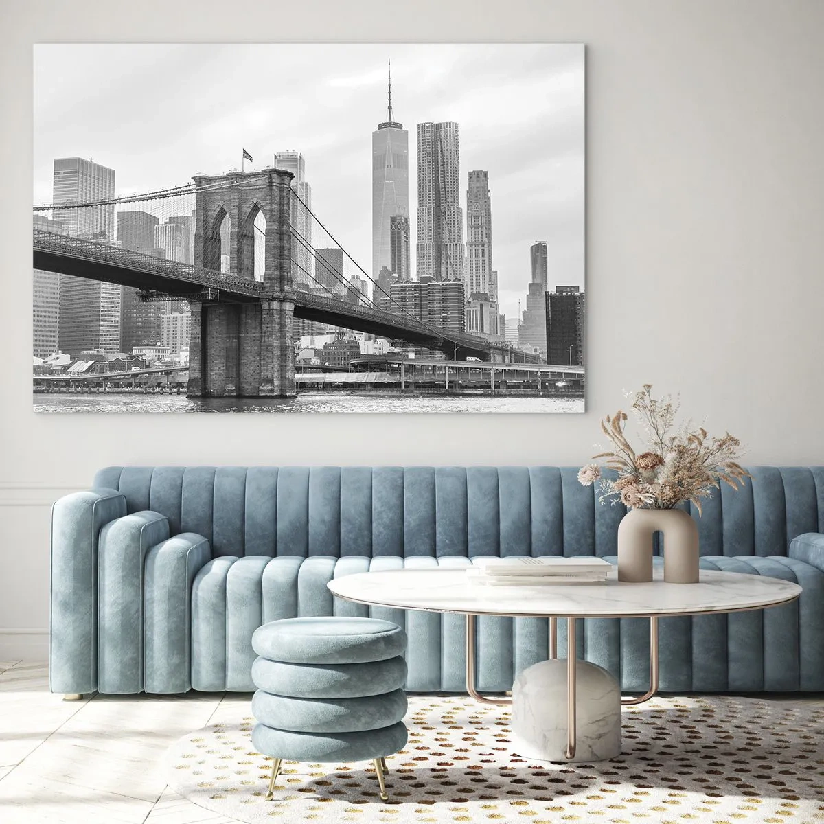 Impression sur verre - Image sur verre - Photographie en noir et blanc d'un pont et d'un paysage urbain - 120x80cm - Climat New-Yorkais - Décoration murale moderne pour le salon et la chambre ARTTOR