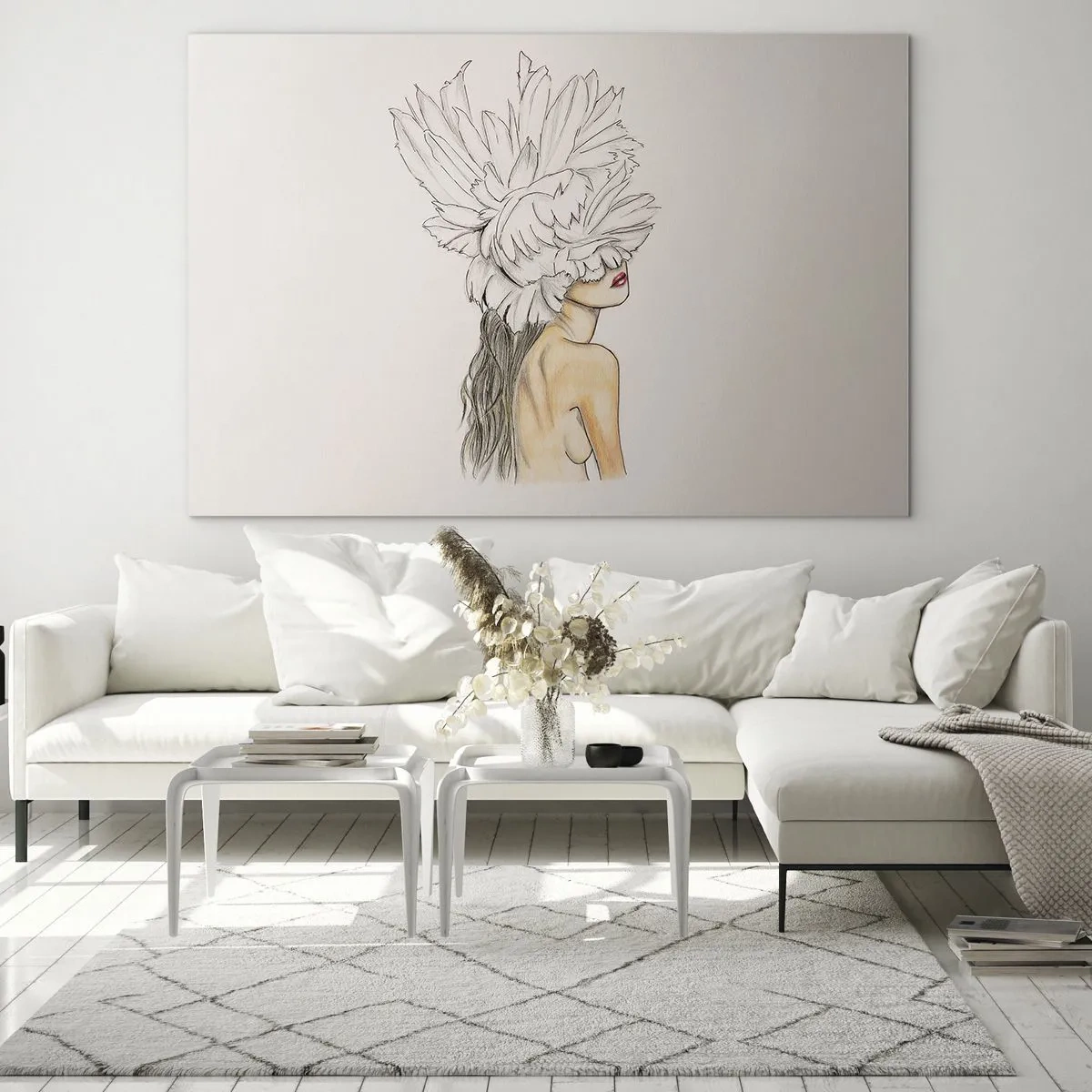 Impression sur verre - Image sur verre - Un dessin d'une femme aux cheveux longs et à la couronne de grandes plumes - 100x70cm - Beauté couronnée - Décoration murale moderne pour le salon et la chambre ARTTOR