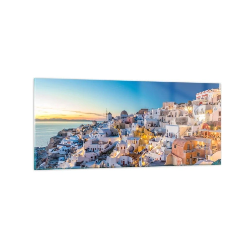 Impression sur verre - Image sur verre - Vue d'une ville grecque au coucher du soleil - 120x50cm - L'essence de la grecque - Décoration murale moderne pour le salon et la chambre ARTTOR