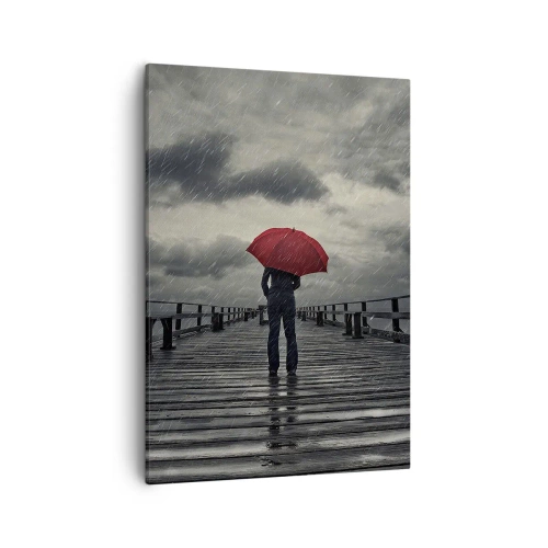 Impression sur toile - Image sur toile - Une personne avec un parapluie rouge sur une jetée pluvieuse - 50x70cm - Peu importe qu'il pleuve - Décoration murale moderne pour le salon et la chambre ARTTOR
