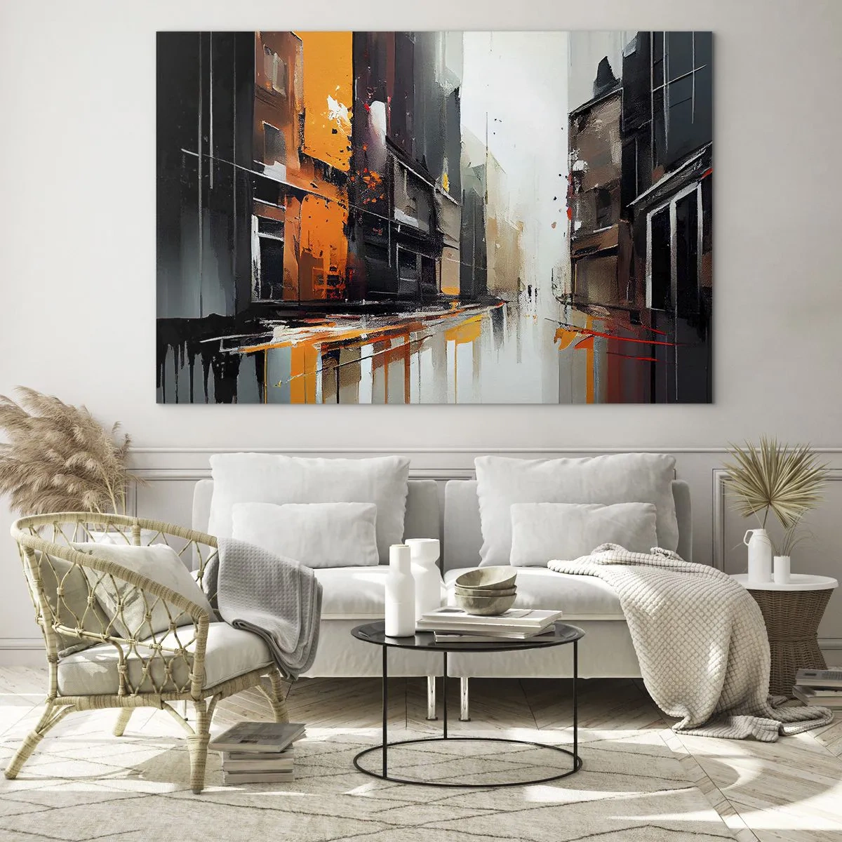 Impression sur verre - Image sur verre - Une rue sous la pluie avec de grands immeubles aux couleurs chaudes - 120x80cm - Jour de pluie - Décoration murale moderne pour le salon et la chambre ARTTOR