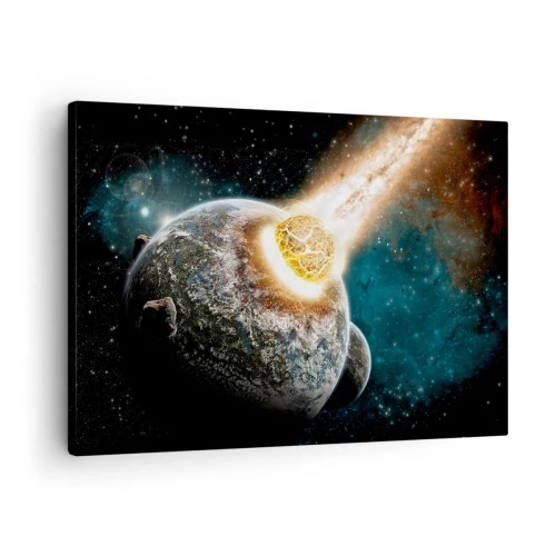 Impression sur toile - Image sur toile - Collision cosmique d'une planète avec un astéroïde à proximité de la galaxie. - 70x50cm - Destruction ou naissance? - Décoration murale moderne pour le salon et la chambre ARTTOR