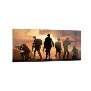Impression sur verre - Image sur verre - Soldats sur fond de soleil couchant dans un décor dynamique - 120x50cm - Brothers in arms - Décoration murale moderne pour le salon et la chambre ARTTOR