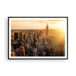 Affiche dans un cadre noir - Poster - Skyline de New York au coucher du soleil avec vue sur l'Empire State Building - 100x70cm - Grandir au soleil - Décoration murale moderne pour le salon et la chambre ARTTOR